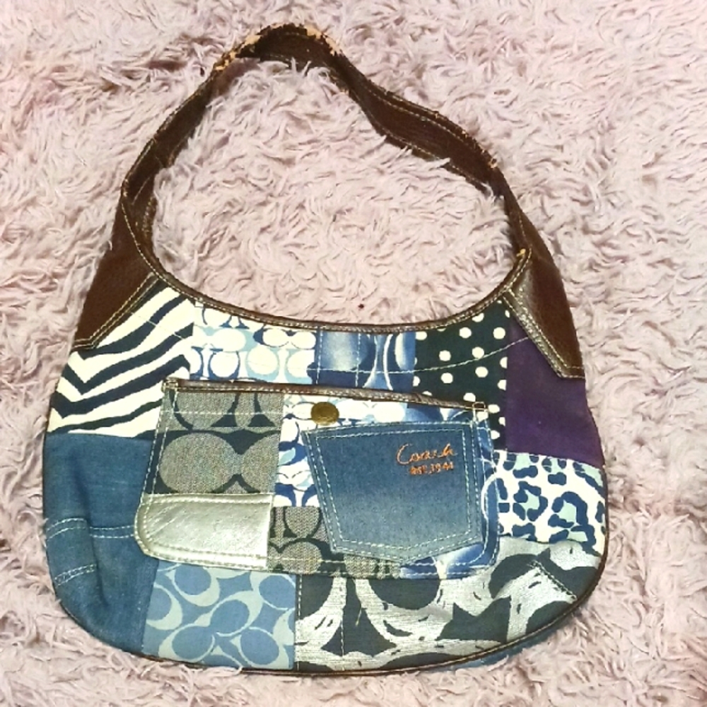Coach Blue and Brown Patchwork Hobo Bag